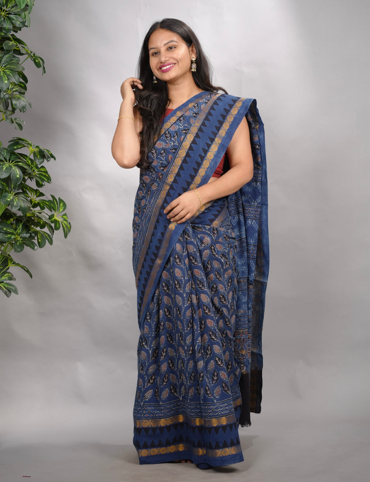 Indigo Blue Ajrakh Hand Block Printed Sungudi Cotton Saree | Looms & Tassels