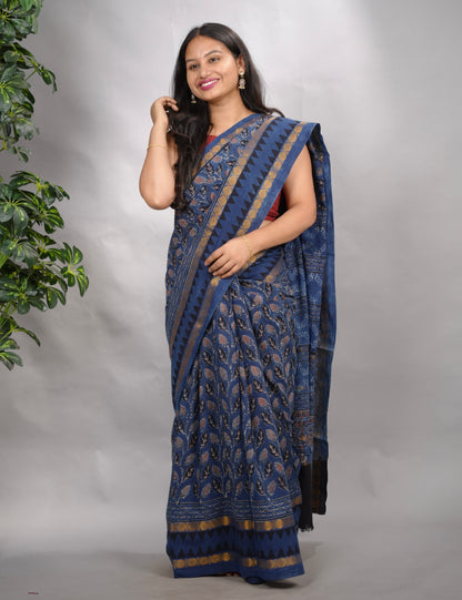 Indigo Blue Ajrakh Hand Block Printed Sungudi Cotton Saree | Looms & Tassels