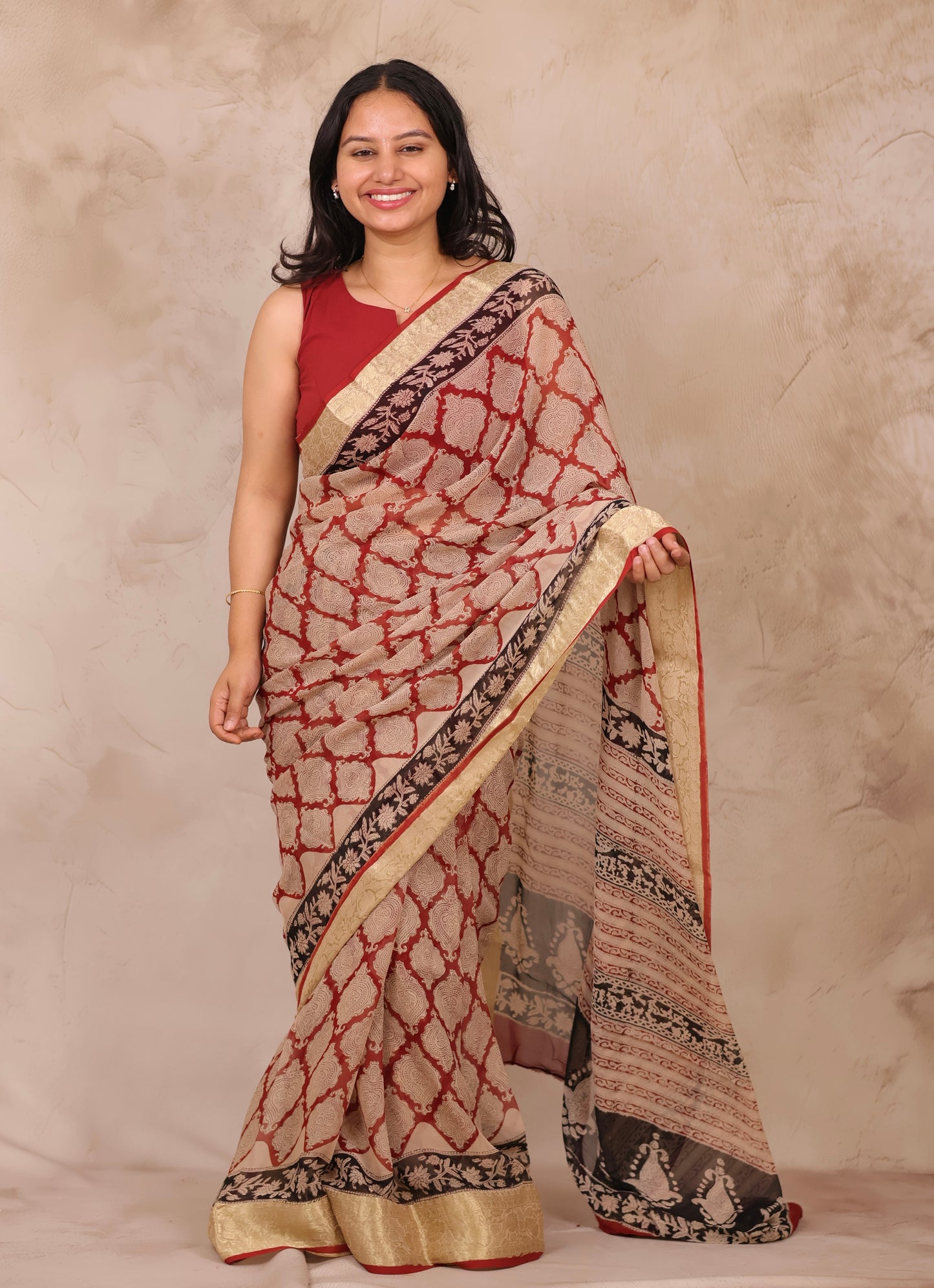 Maroon Chiffon Hand Block Printed Saree with Jari Border | Looms & Tassels