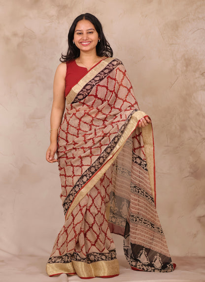 Maroon Chiffon Hand Block Printed Saree with Jari Border | Looms & Tassels