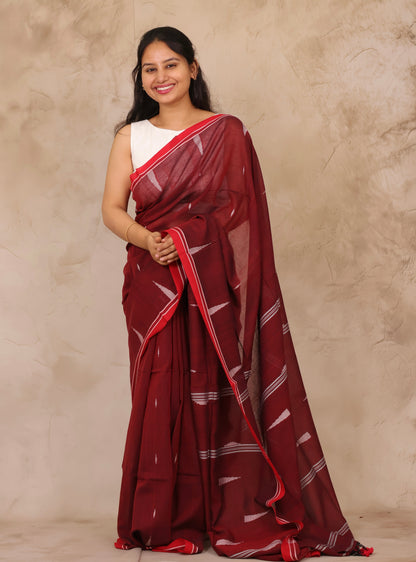 Maroon Handwoven Malai Cotton Saree| Looms & Tassels