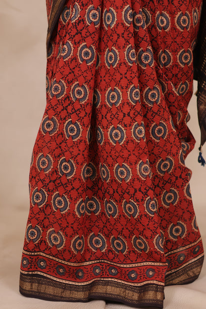 Maheswari Silk Cotton Ajrakh Handblock Printed Saree | Looms & Tassels