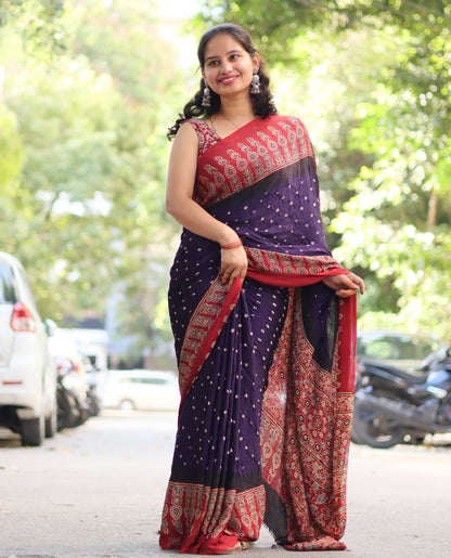 Purple Ajrakh Bandhej Modal Silk Saree