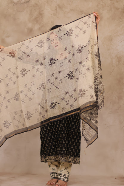 Black Handblock printed kota 3 piece suit (stitched)