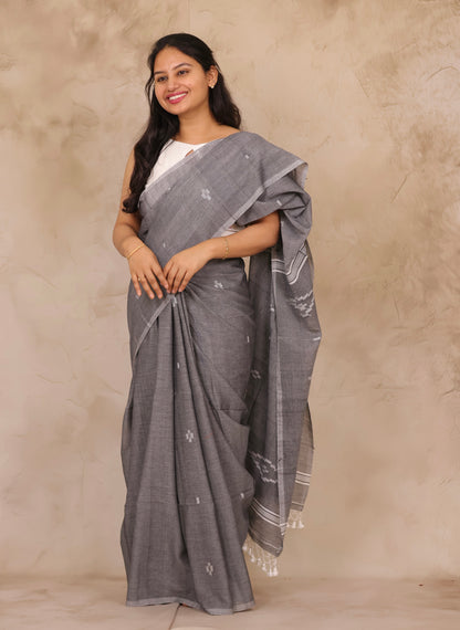 Gray Malai Cotton Saree with Butta Weaving | Looms & Tassels