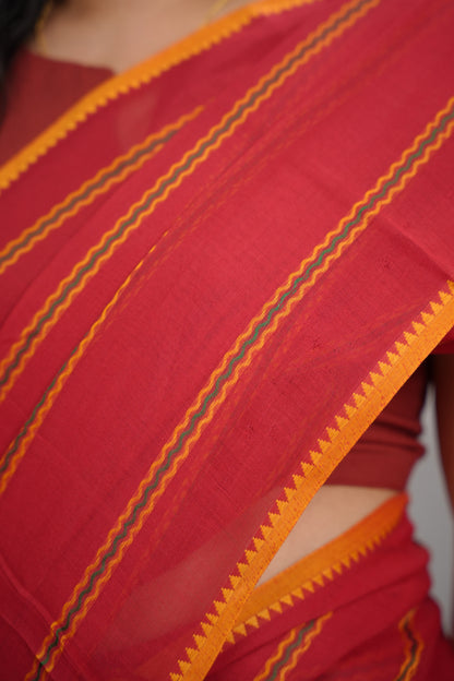 Red Narayanpet Cotton Saree | Looms & Tassels