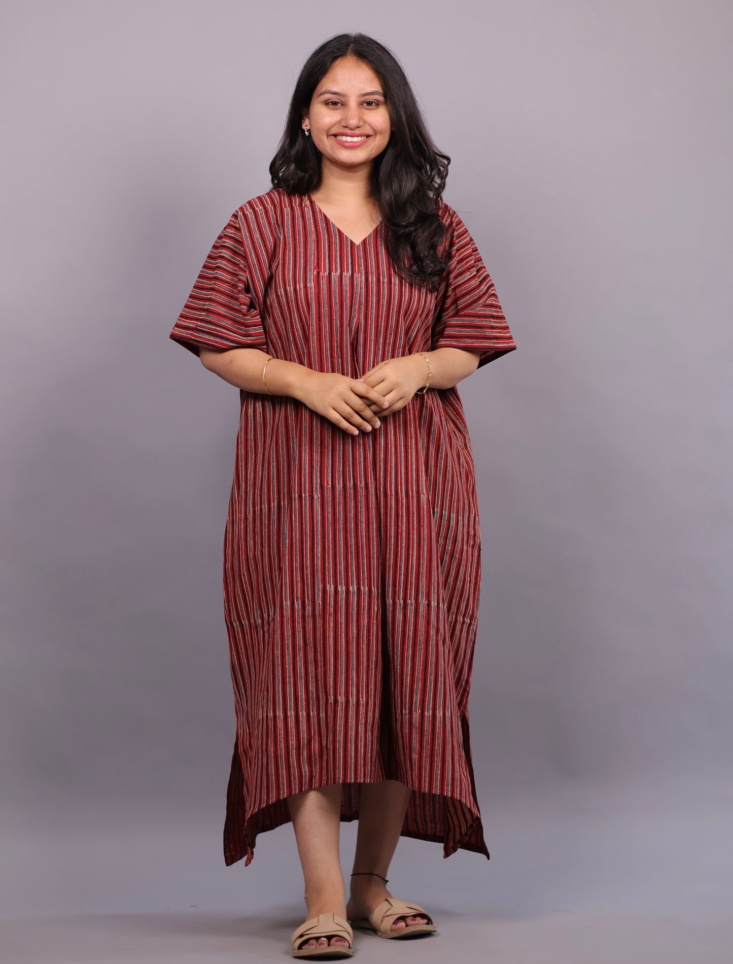 Red Ajrakh Handblock Printed Cotton Kaftan – Elegant & Breathable Ethnic Wear | Looms & Tassels