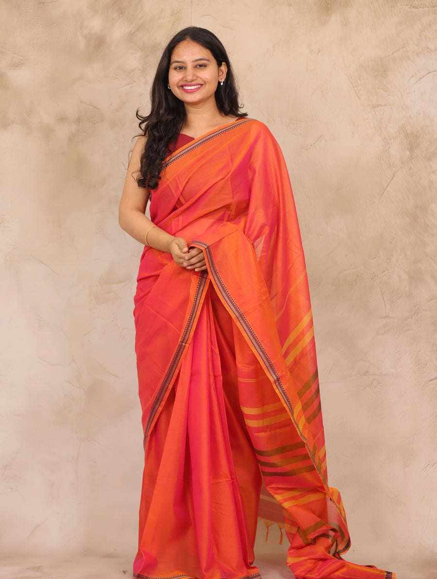 Orange Narayanpet Cotton Saree | Looms & Tassels