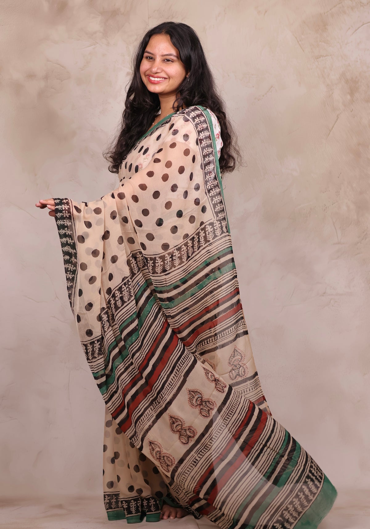 Cream Chiffon Hand Block Printed Saree | Looms & Tassels