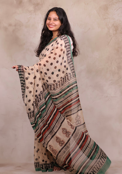 Cream Chiffon Hand Block Printed Saree | Looms & Tassels