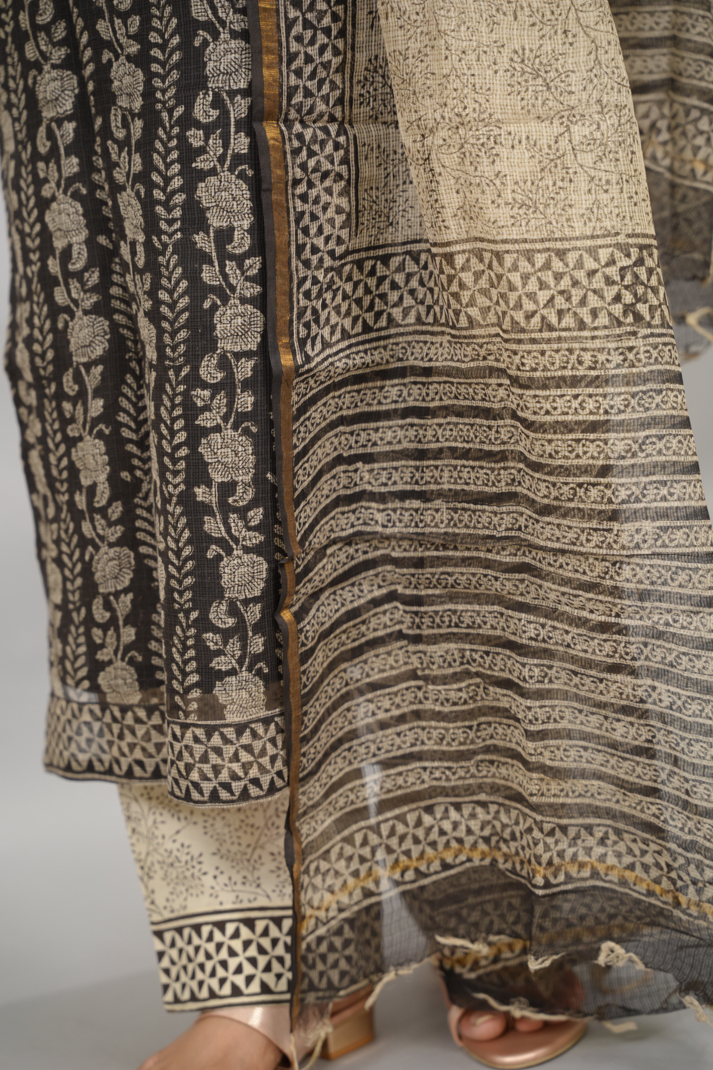 Black Handblock printed kota 3 piece suit (stitched)