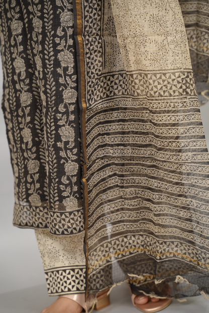 Black Handblock printed kota 3 piece suit (stitched)