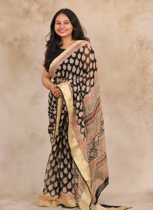 Black Chiffon Hand Block Printed Saree with Jari Border | Looms & Tassels