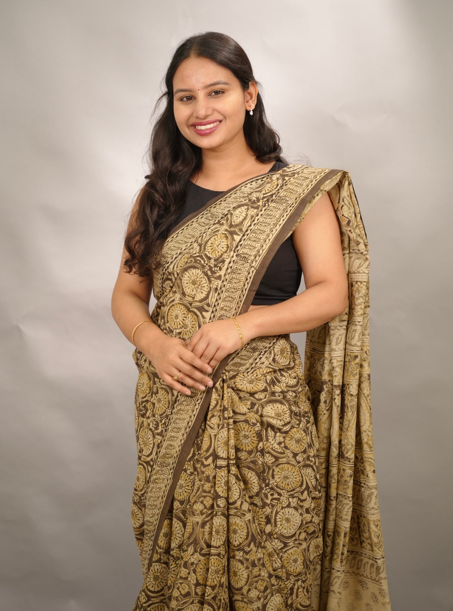 Mehendi Green Hand Block Printed Kalamkari Cotton Saree | Looms & Tassels