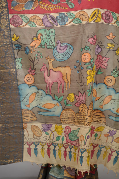 Pink Hand Drawn Pen Kalamkari Bangalore Silk Kanchi Border Saree | Looms & Tassels