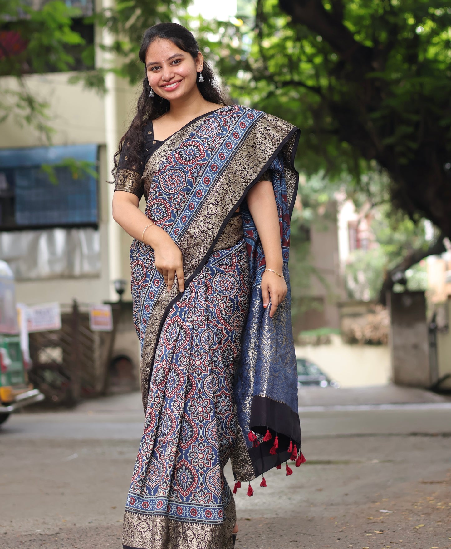 Indigo Ajrakh Dola Silk Saree