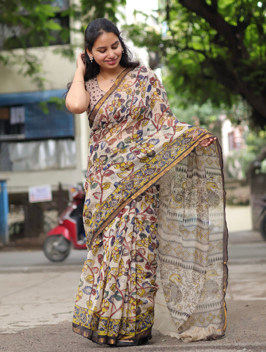 Cream Kalamkari printed Kota Doriya Saree