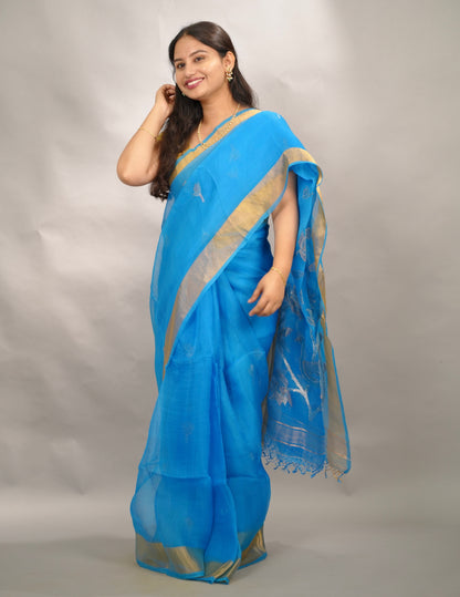 Blue Handloom Muslin Silk Saree With jamdhani weaving | Looms & Tassels