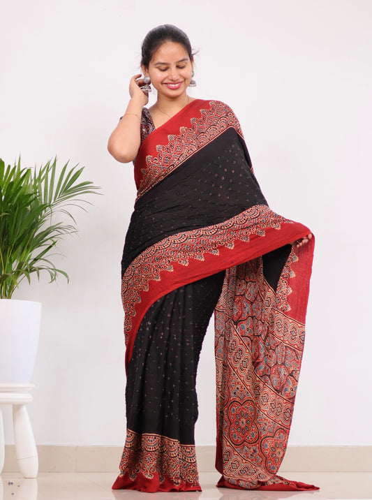 Black Ajrakh Bandhej Modal Silk Saree