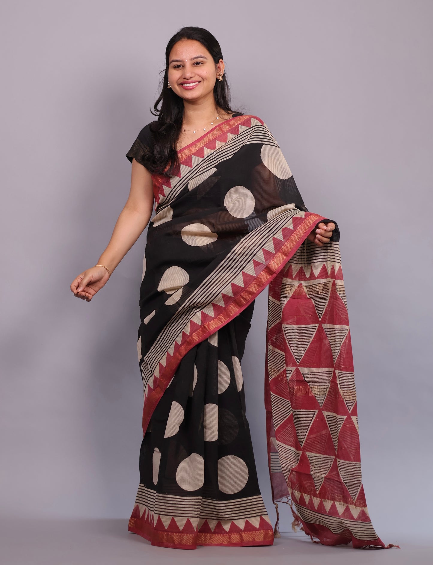 Black Bagru Hand Block Printed Maheswari Silk Cotton Saree