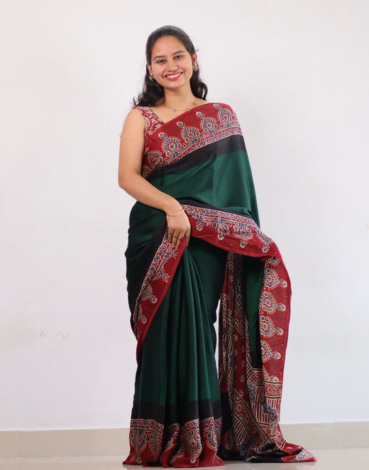 Green Ajrakh Modal Silk Saree