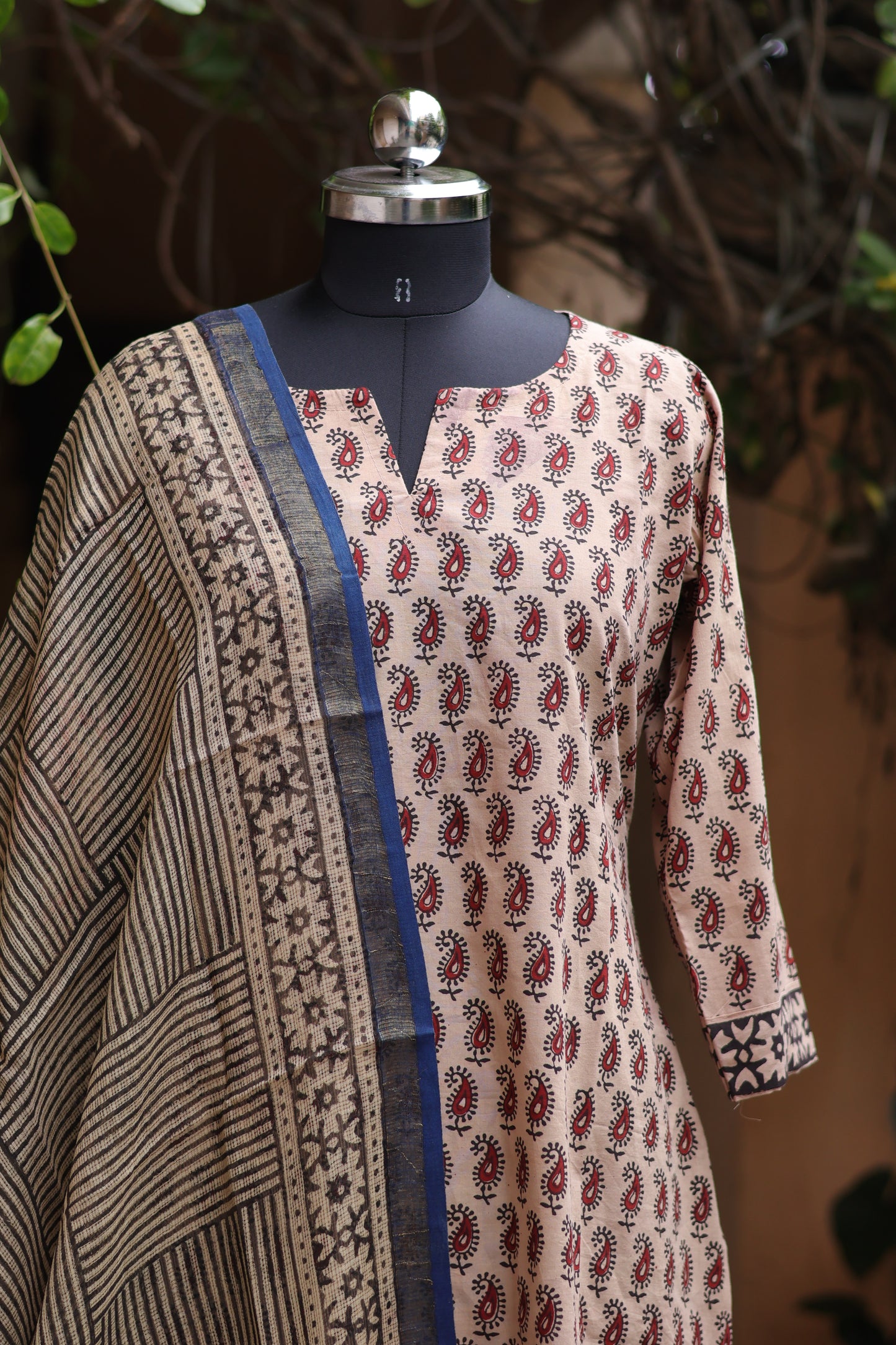 Cream Handblock printed Pure Mul Cotton with Kota Doria Duppata 3 piece suit (stitched)