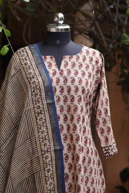 Cream Handblock printed Pure Mul Cotton with Kota Doria Duppata 3 piece suit (stitched)
