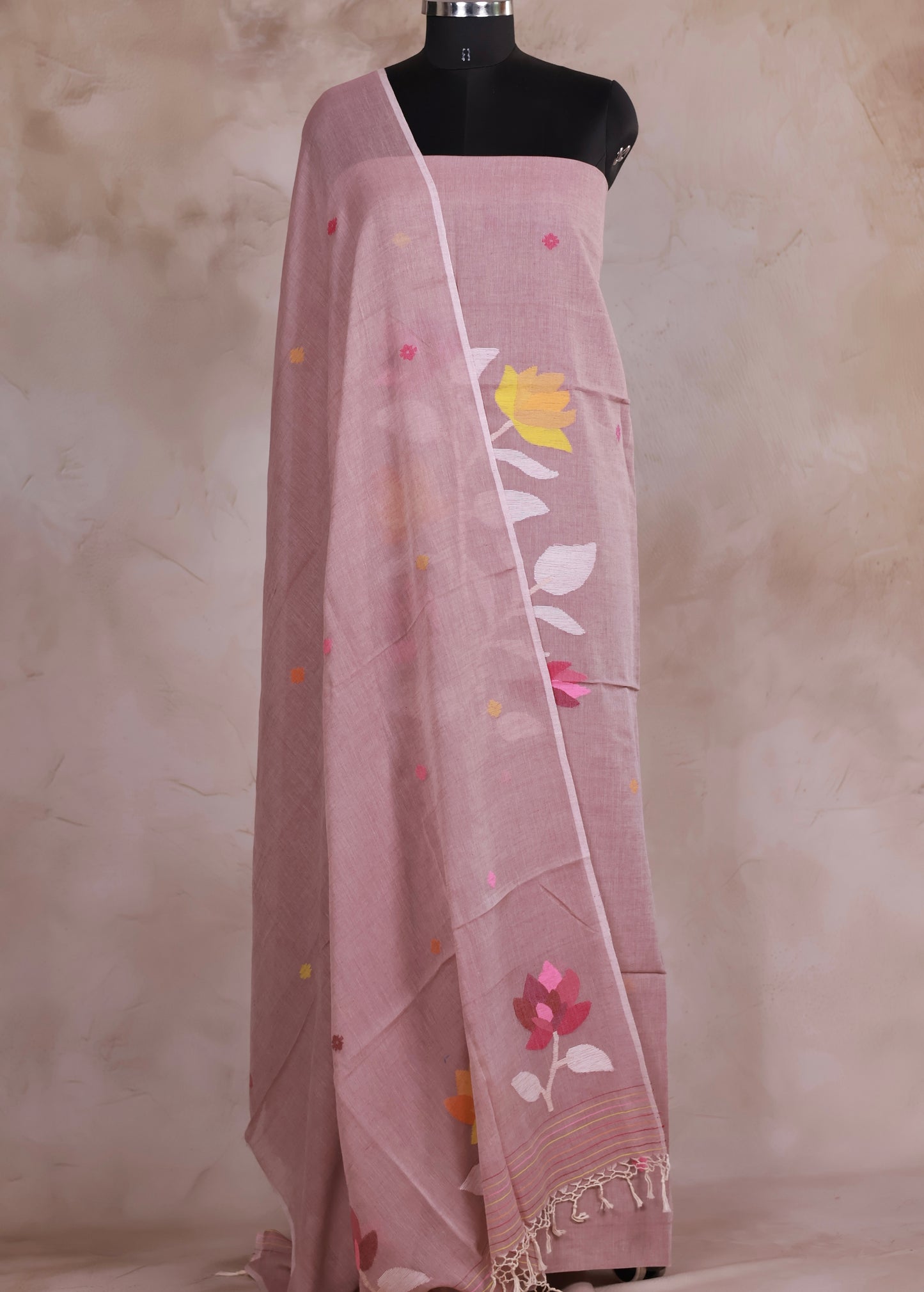 Dusty Pink Handwoven Jamdhani weaving pure Malai cotton 2 piece suit sets | Looms & Tassels