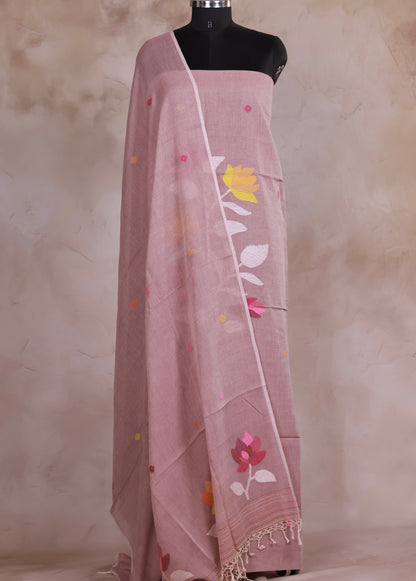 Dusty Pink Handwoven Jamdhani weaving pure Malai cotton 2 piece suit sets | Looms & Tassels