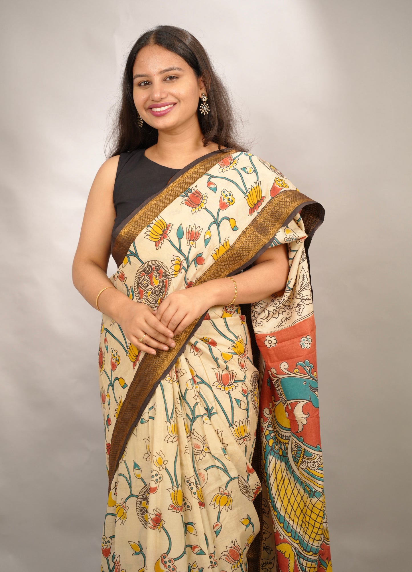 Cream Kalamkari Nizam Border Chennur Silk Saree | Looms & Tassels