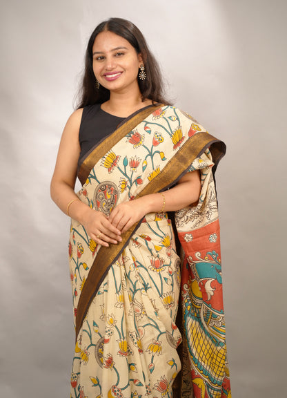 Cream Kalamkari Nizam Border Chennur Silk Saree | Looms & Tassels