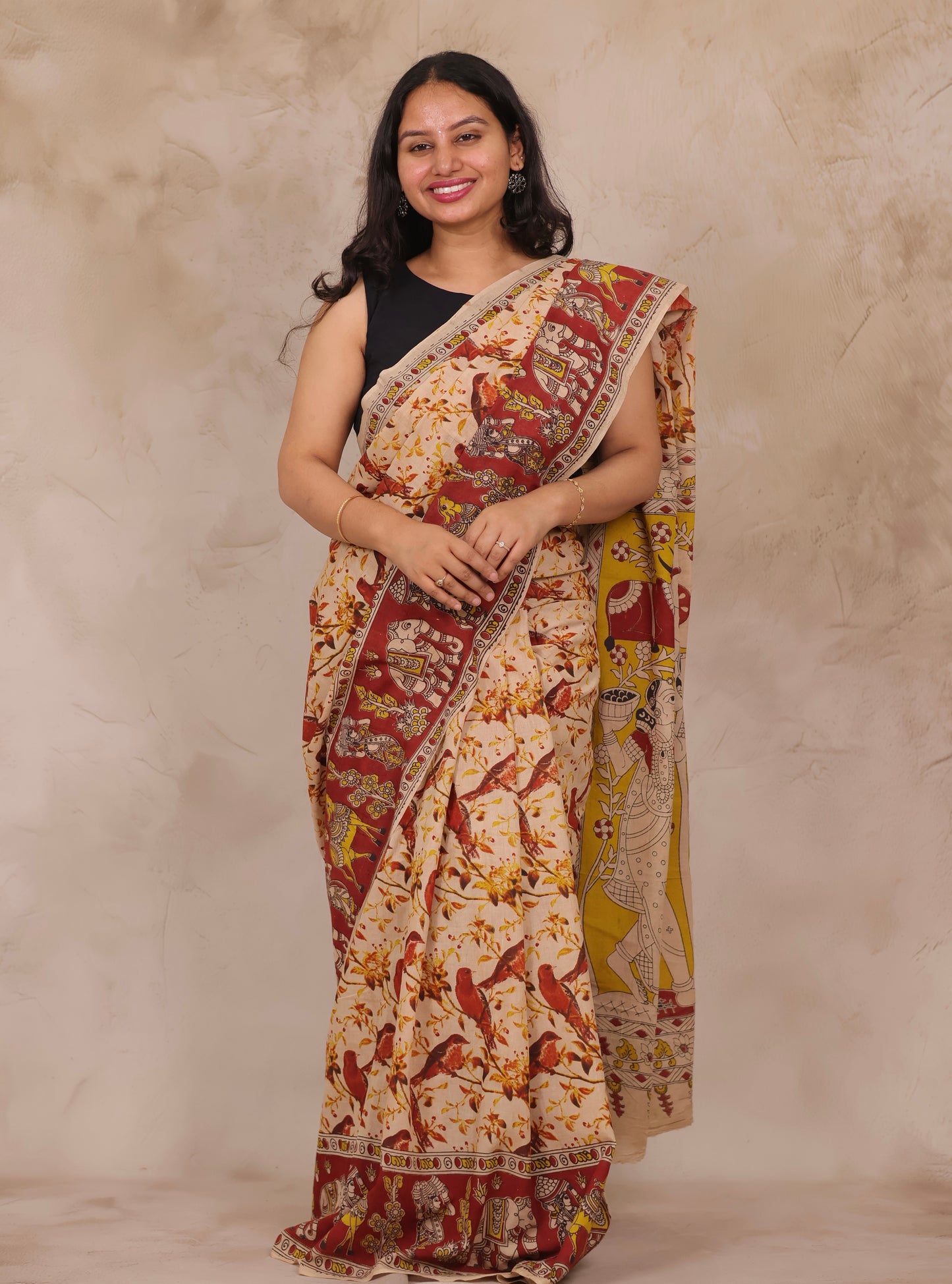 Cream Kalamkari Cotton Saree