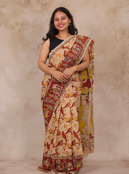 Cream Kalamkari Cotton Saree