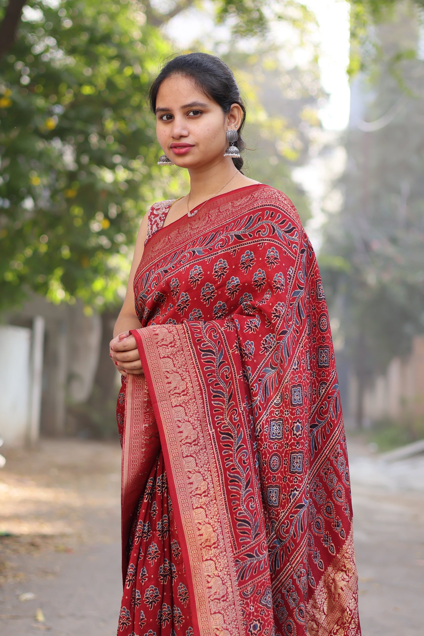 Red Ajrakh Dola Silk Saree