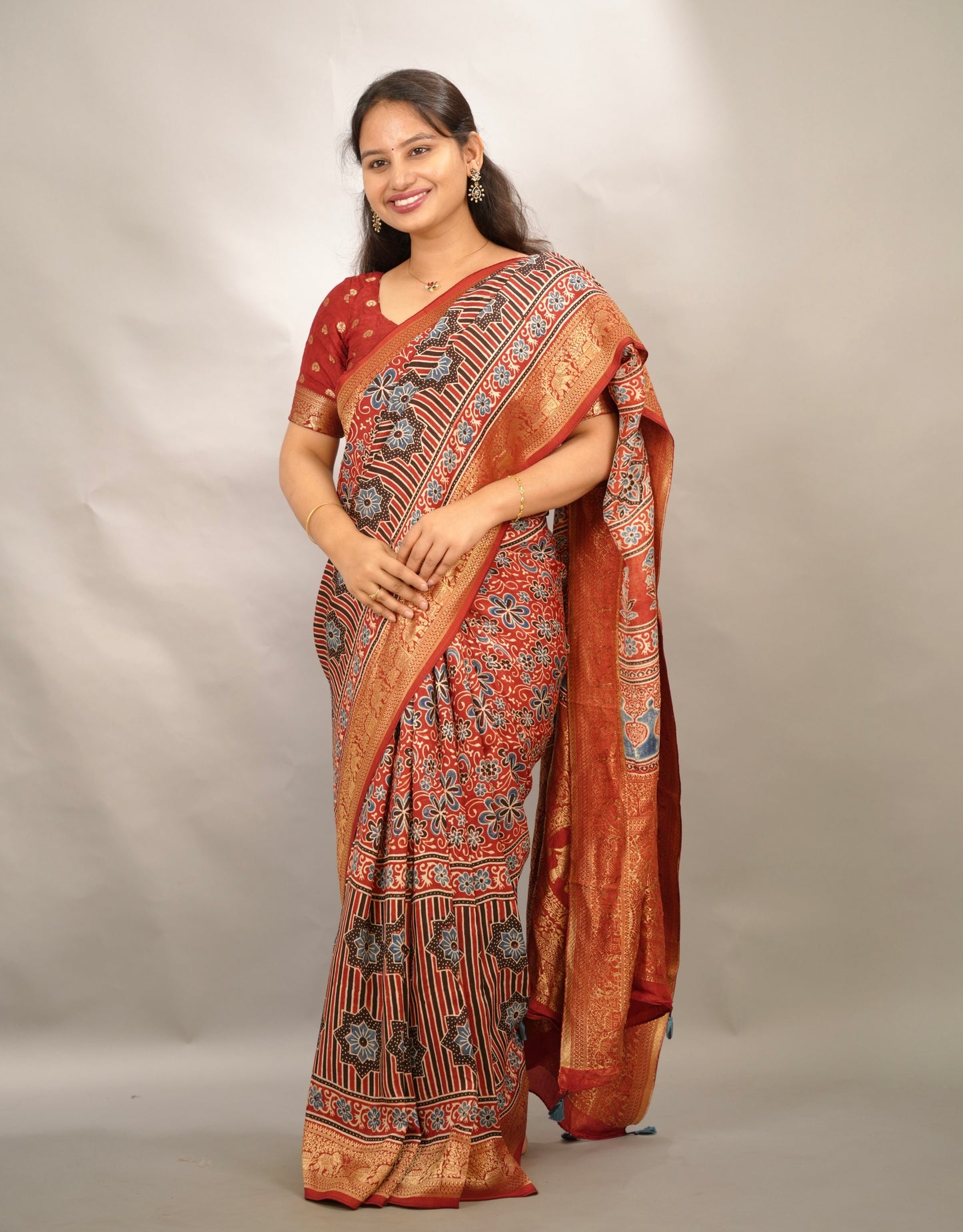 Red Ajrakh Handblock printed Dola Silk Saree | Looms & Tassels