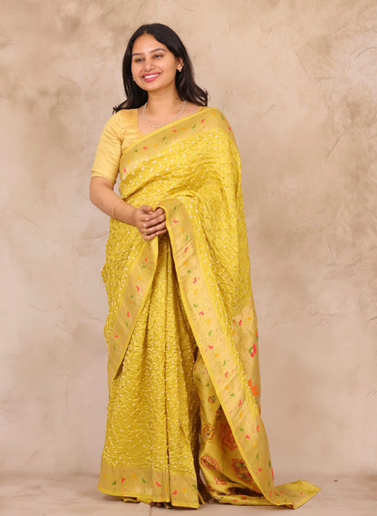 Lemon Yellow Handcrafted Bandhani Paithani Dola Silk Saree | Looms & Tassels
