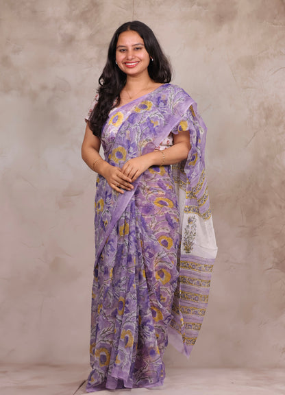 Lavender Chiffon Hand Block Printed Saree | Looms & Tassels
