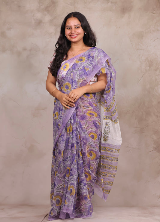 Lavender Chiffon Hand Block Printed Saree | Looms & Tassels
