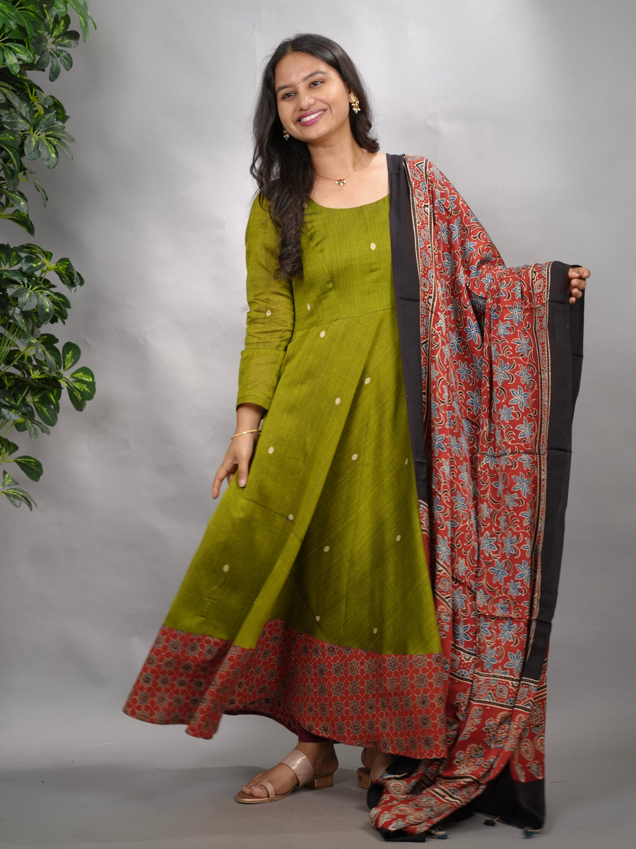 Parrot  Green Ajrakh Patch Work Narayanpet Cotton Anarkali Dress with Ajrakh Modal Silk Dupatta | Looms & Tassels