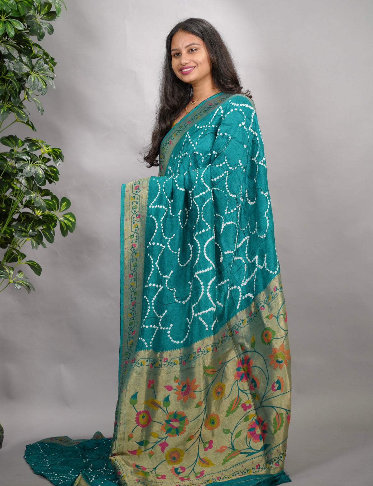Blue Handcrafted  Pattern Bandhani Paithani Dola Silk Saree | Looms & Tassels