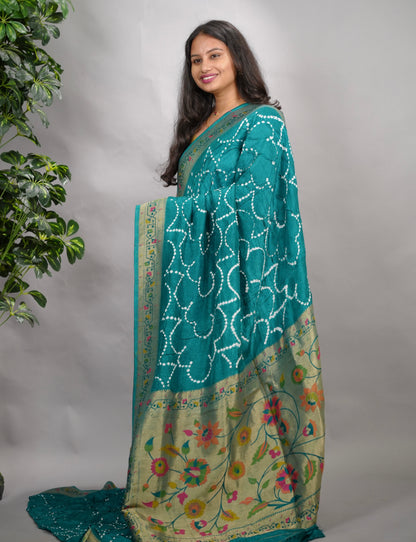 Blue Handcrafted  Pattern Bandhani Paithani Dola Silk Saree | Looms & Tassels