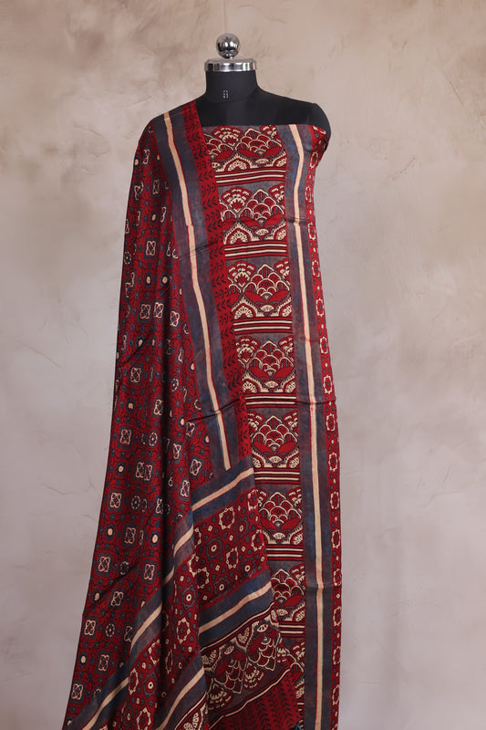 Maroon Traditional Ajrakh Handblock Printed Modal Silk 2 Piece Suit Set | Looms & Tassels