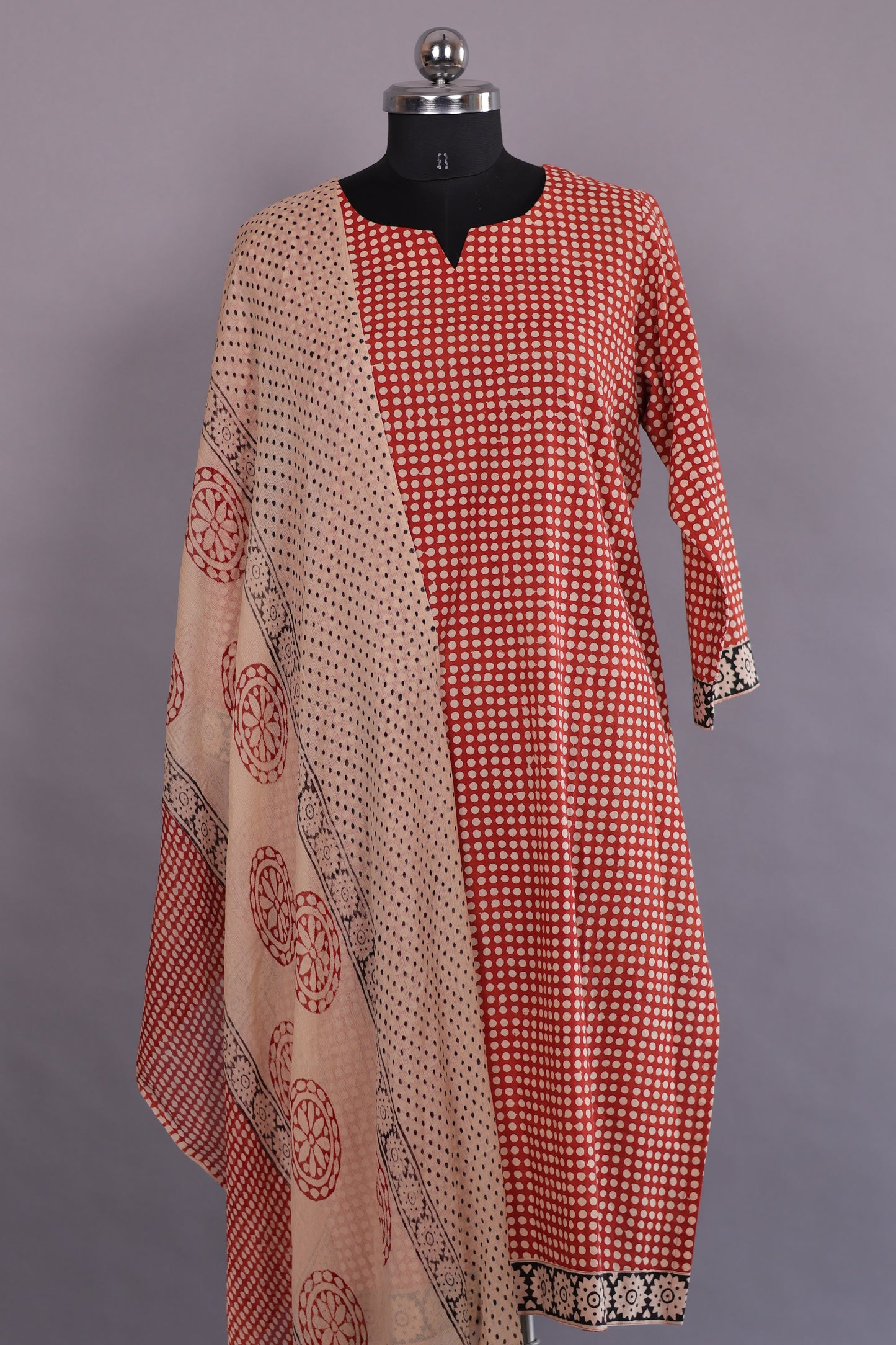 Handblock printed Pure Mul Cotton with chiffon Duppata 3 piece suit (stitched)