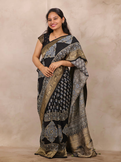 Black Ajrakh Handblock printed Dola Silk Saree | Looms & Tassels