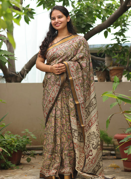 Grey Hand Block Printed Kalamkari Nizam Border Silk Sare