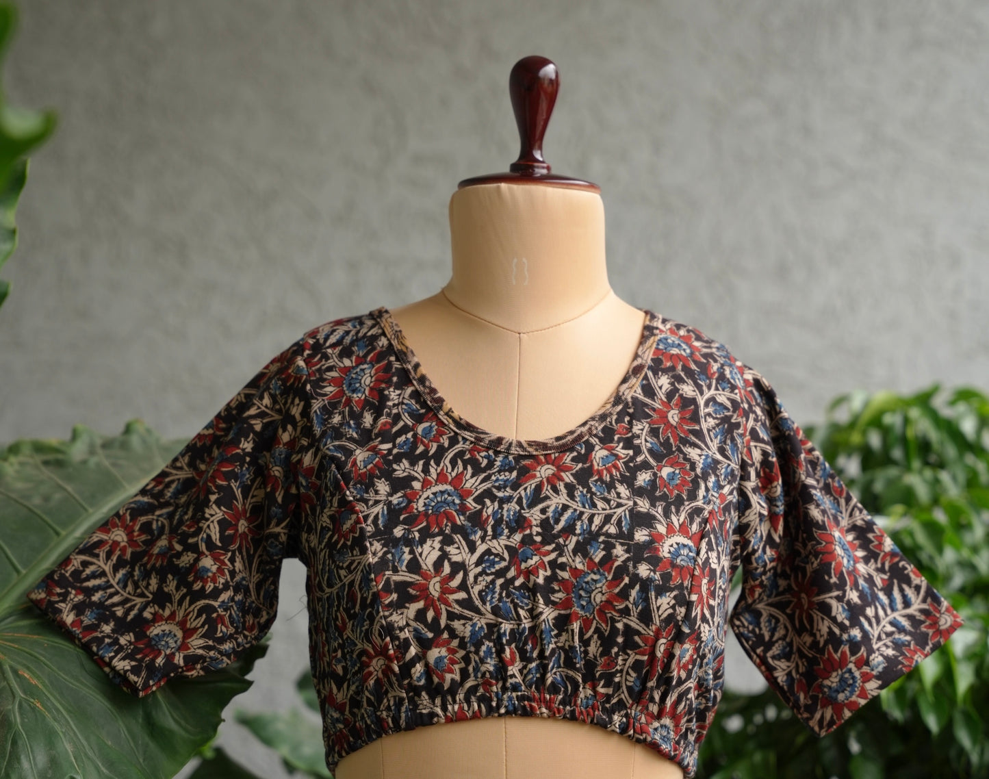Black Round Neck Stretchable Hand block printed kalamkari blouse