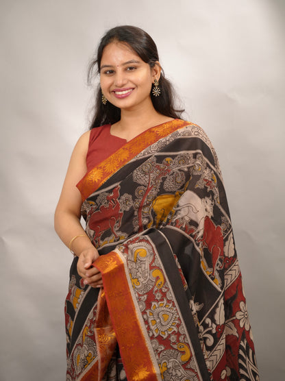Black Kanchi border Kalamkari chennur silk saree | Looms & Tassels