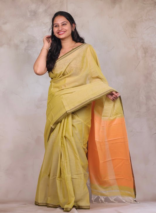 Lemon Yellow Narayanpet Cotton Saree | Looms & Tassels