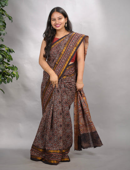 Black Ajrakh Hand Block Printed Sungudi Cotton Saree | Looms & Tassels