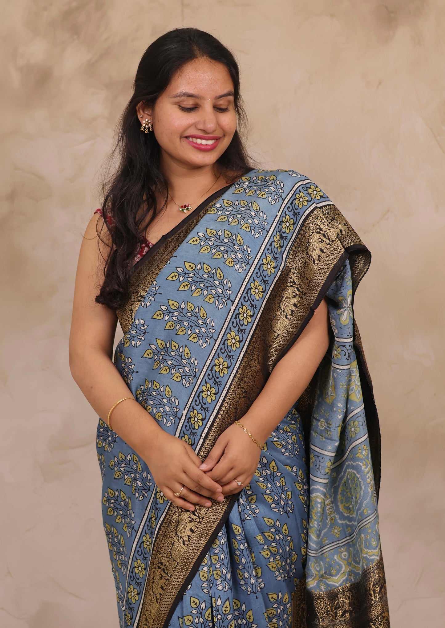 Sky Blue Ajrakh Handblock printed Dola Silk Saree | Looms & Tassels